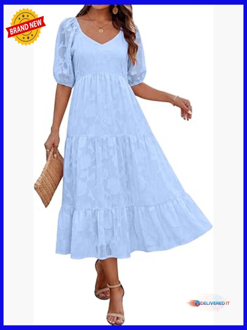 Summer Maxi Dress V Neck Puff Sleeve A Line Flowy Boho Wedding Guest